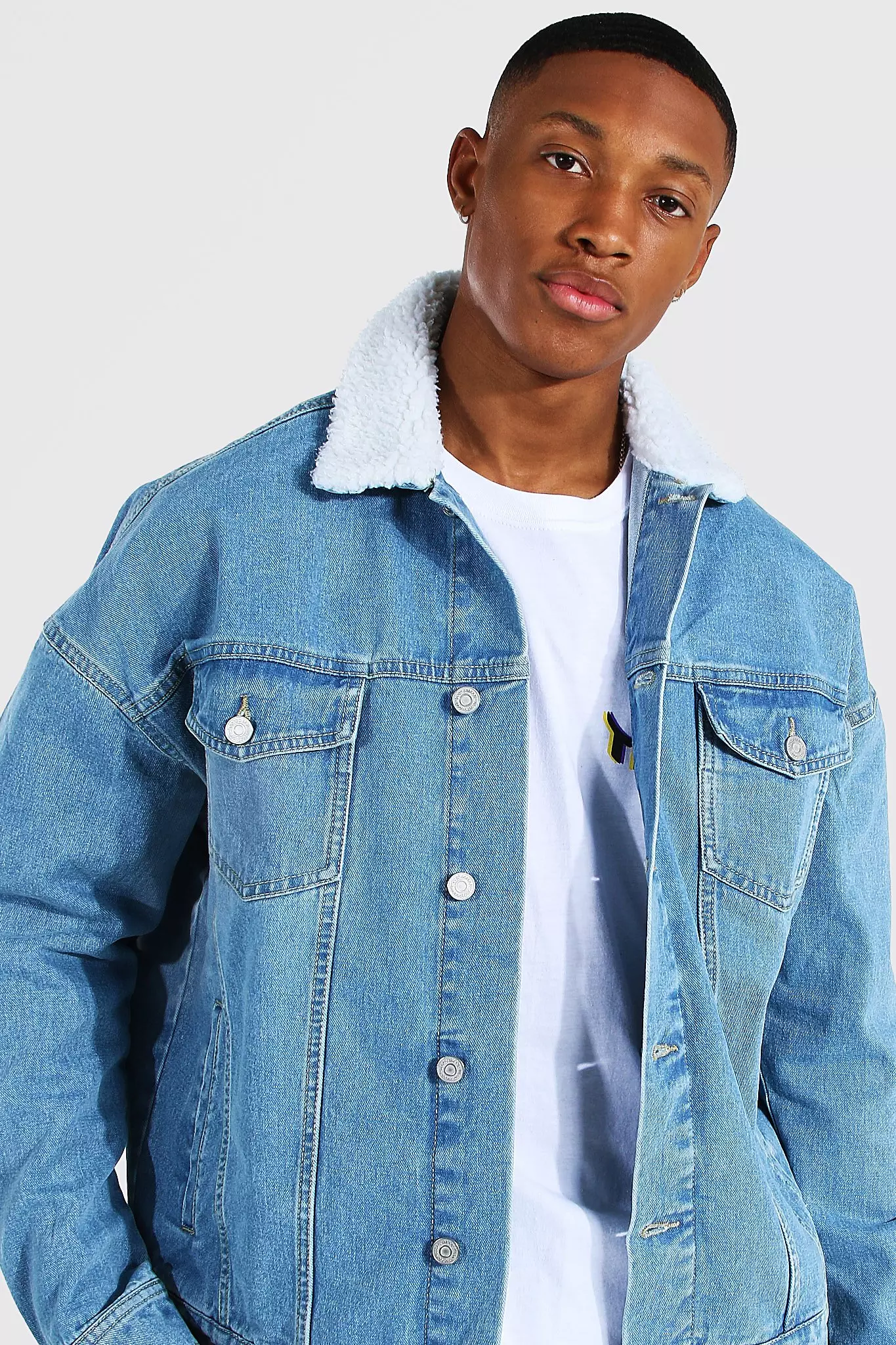 Blue borg clearance collar denim jacket